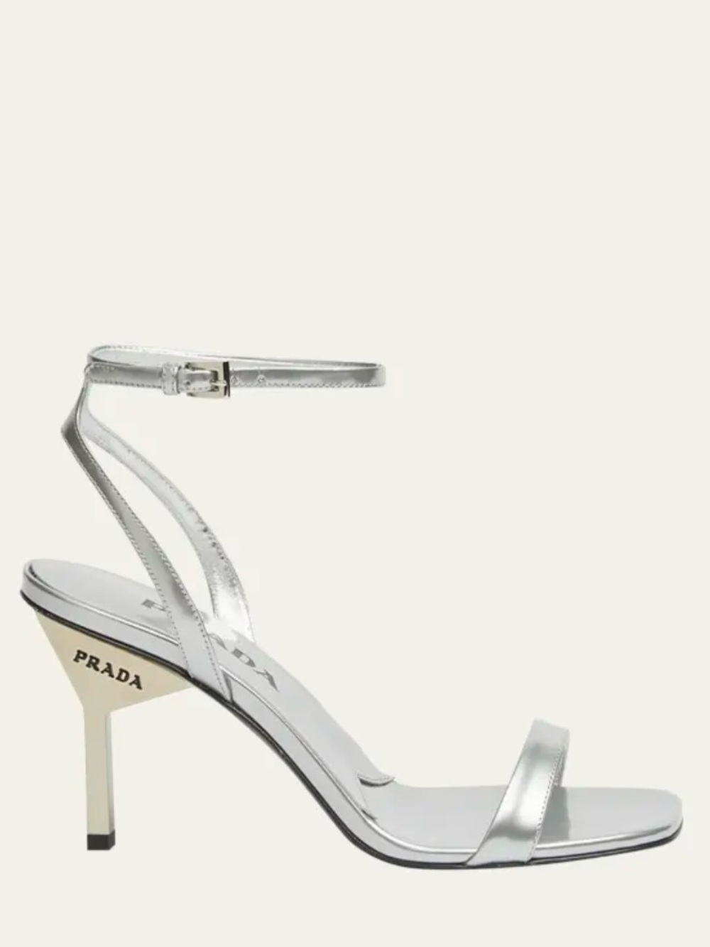 Prada Silver Ankle-Strap Mid Heel Sandals